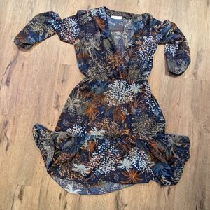 Floral V-Neck Tiered Midi Dress in Navy and Rust